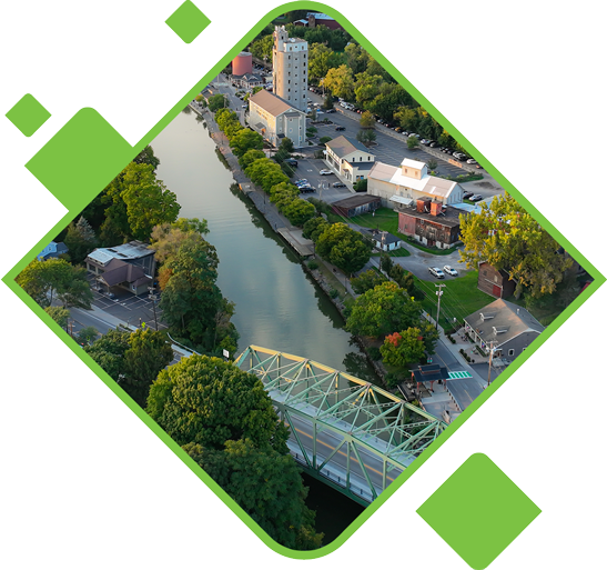 Arial shot of the town of Pittsford, NY